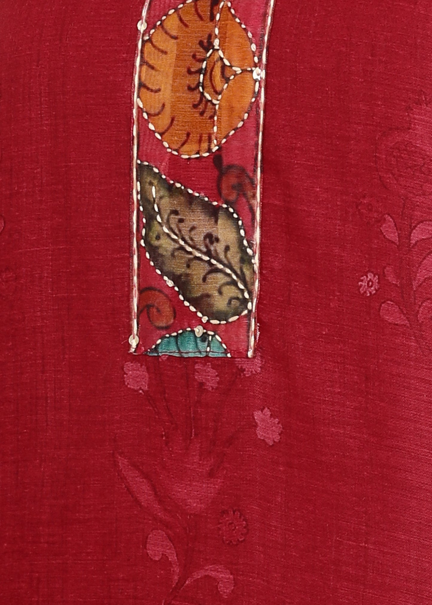 Women's Red Ethnic Motif Printed Kurta with Kantha & Sequin Work, Paired with Trousers and Dupatta