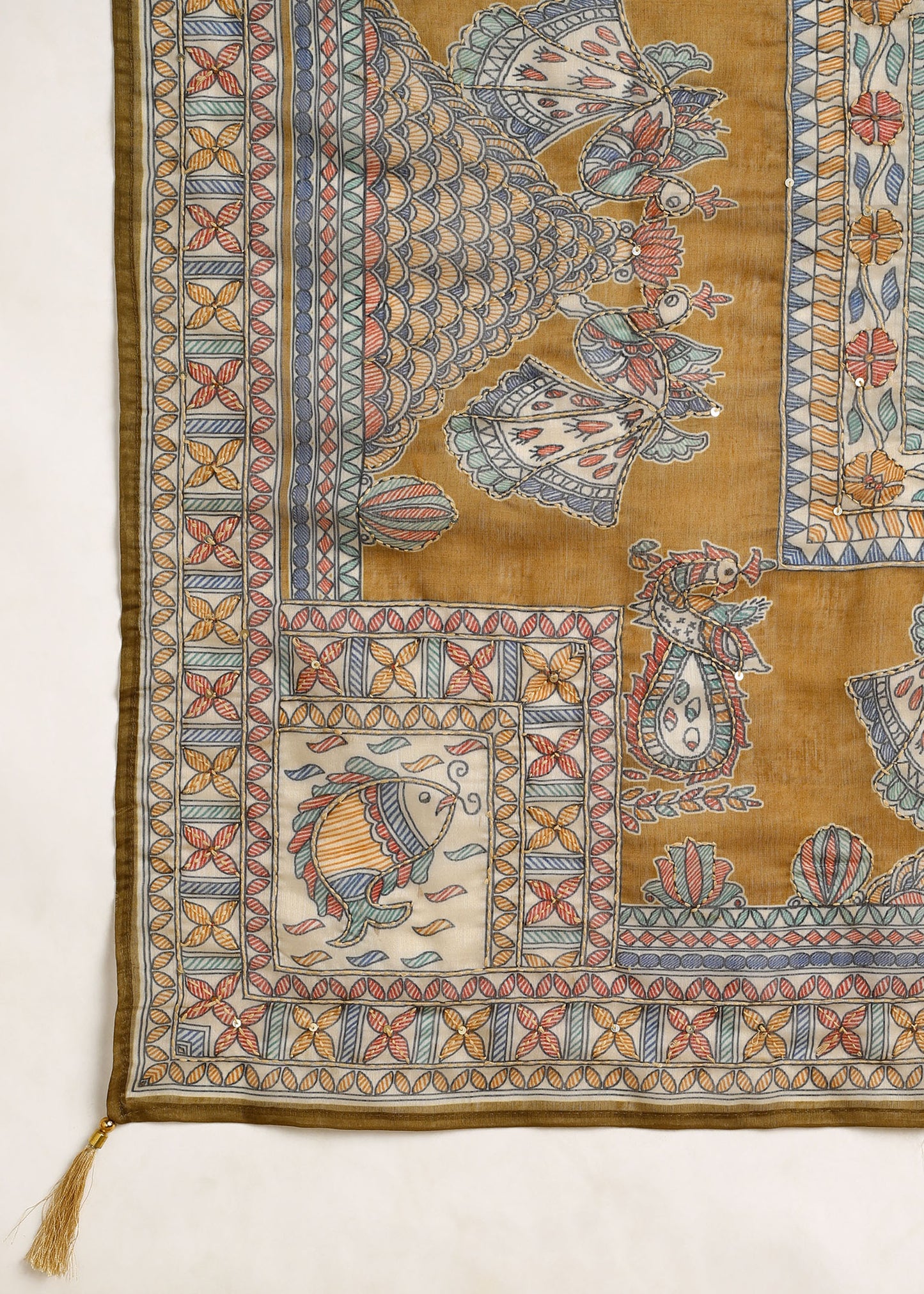 Women's Olive Green Ethnic Motif Printed Kurta with Kantha & Sequin Work, Paired with Trousers and Dupatta