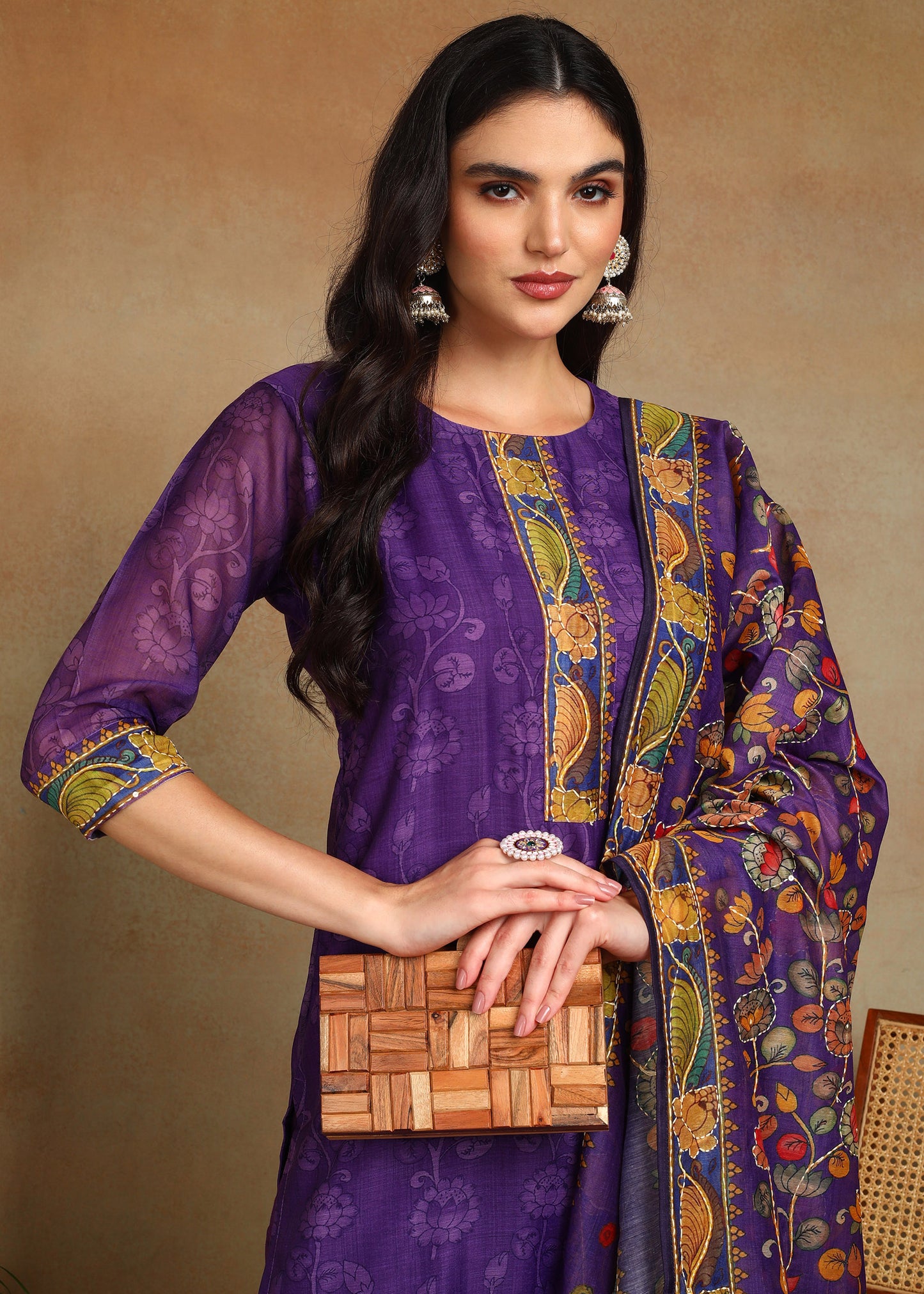 Women's Purple Ethnic Motif Printed Kurta with Kantha & Sequin Work, Paired with Trousers and Dupatta