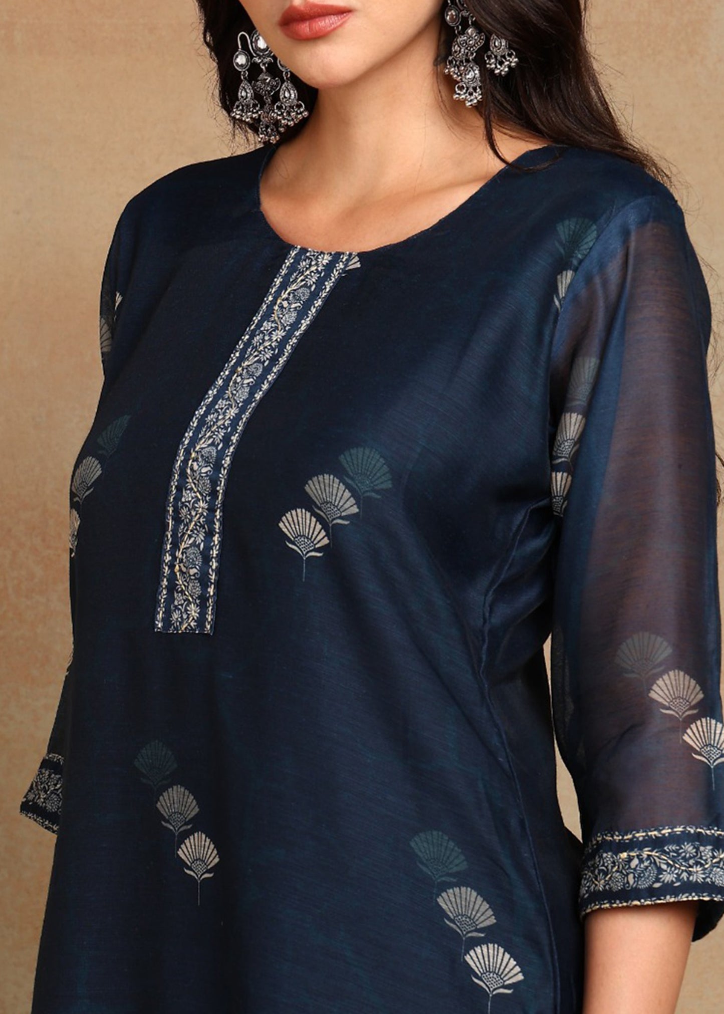 Women's Navy-Blue Ethnic Motif Printed Kurta with Kantha & Sequin Work, Paired with Trousers and Dupatta