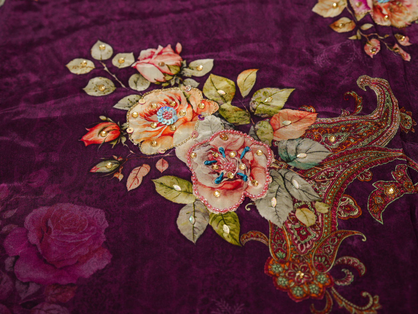 Wine & Purple Crepe Silk Floral Printed Kurta Set with Dupatta