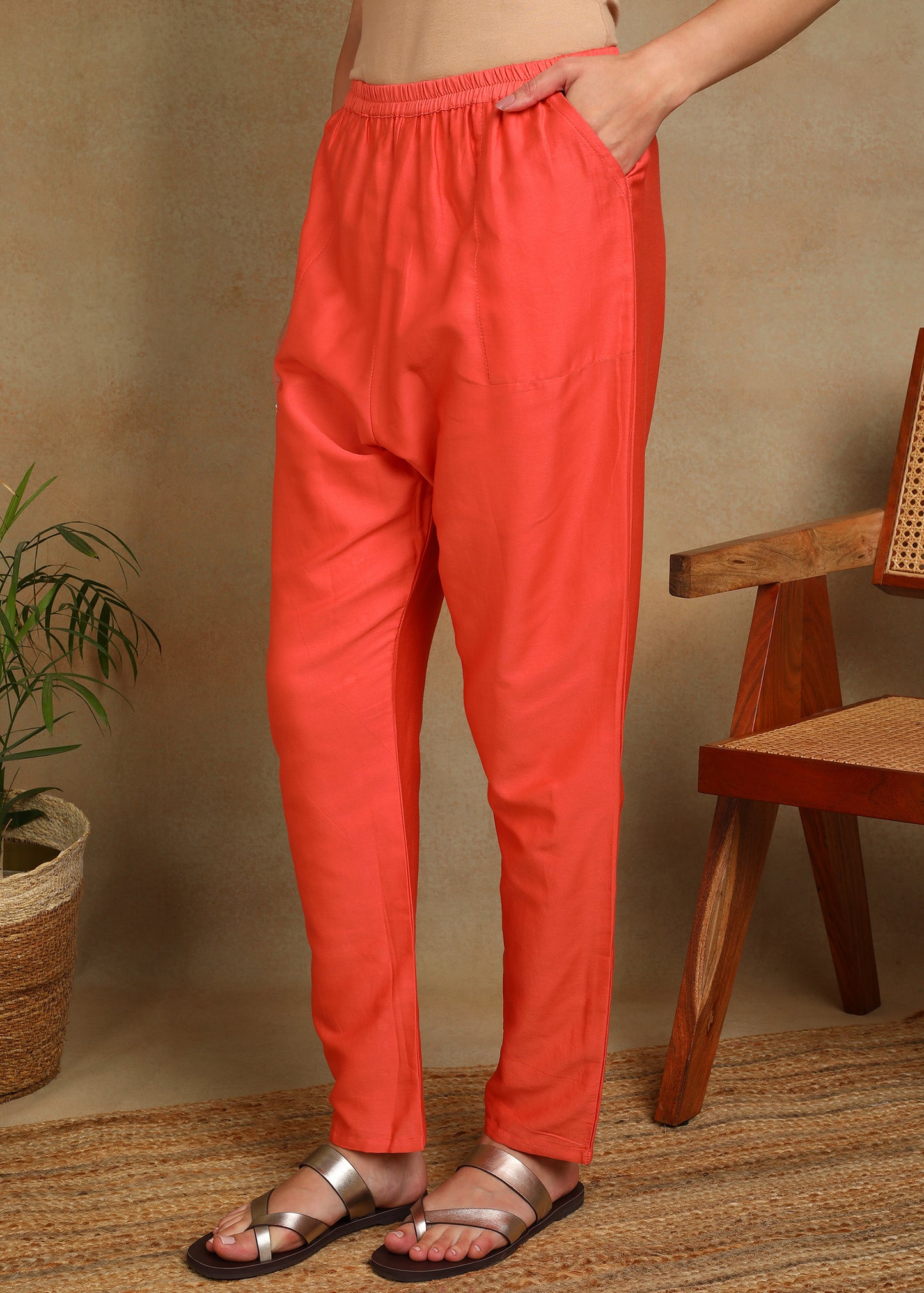 Women's Peach Ethnic Motif Printed Kurta with Kantha & Sequin Work, Paired with Trousers and Dupatta