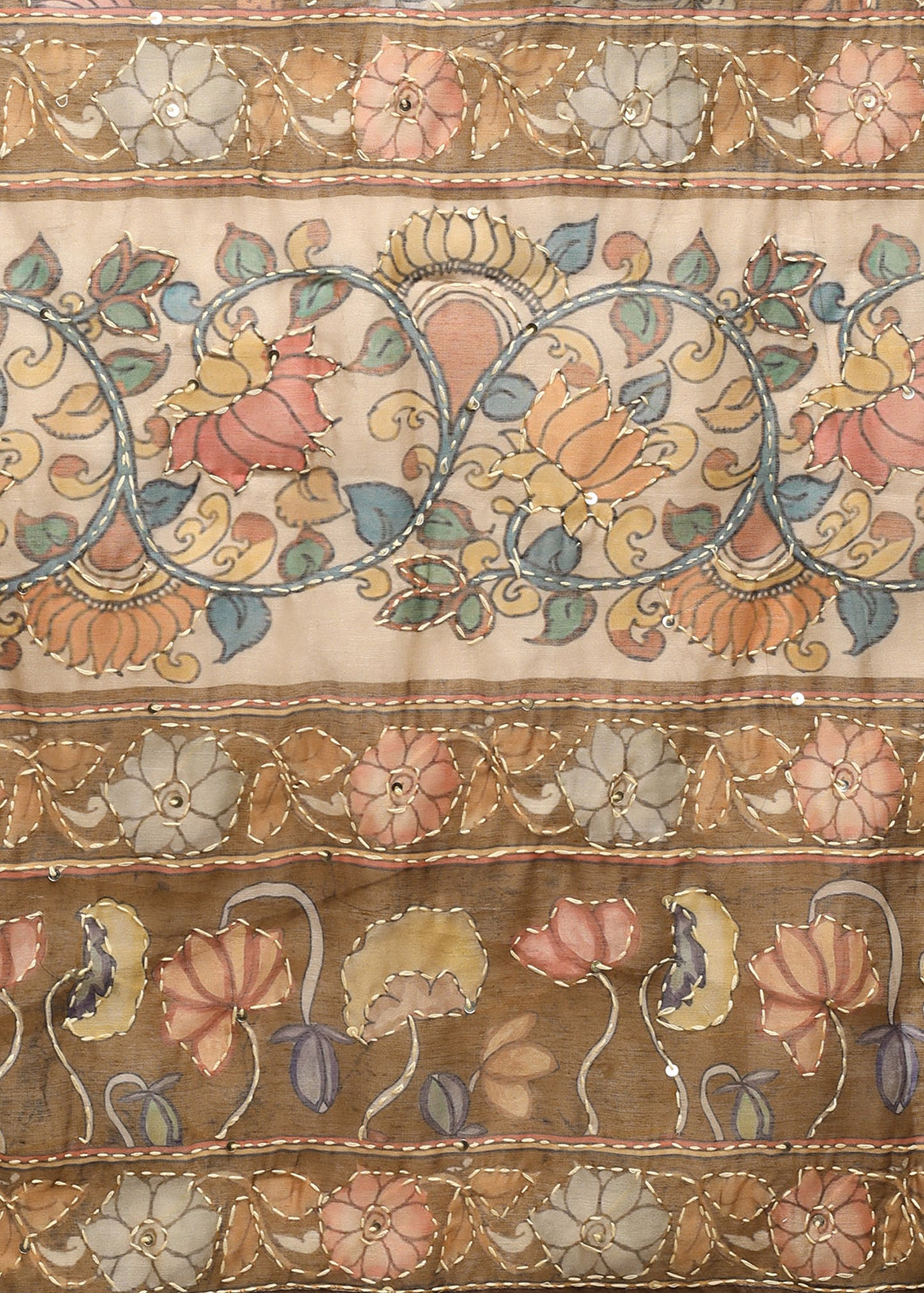 Women's Mustard Ethnic Motif Printed Kurta with Kantha & Sequin Work, Paired with Trousers and Dupatta