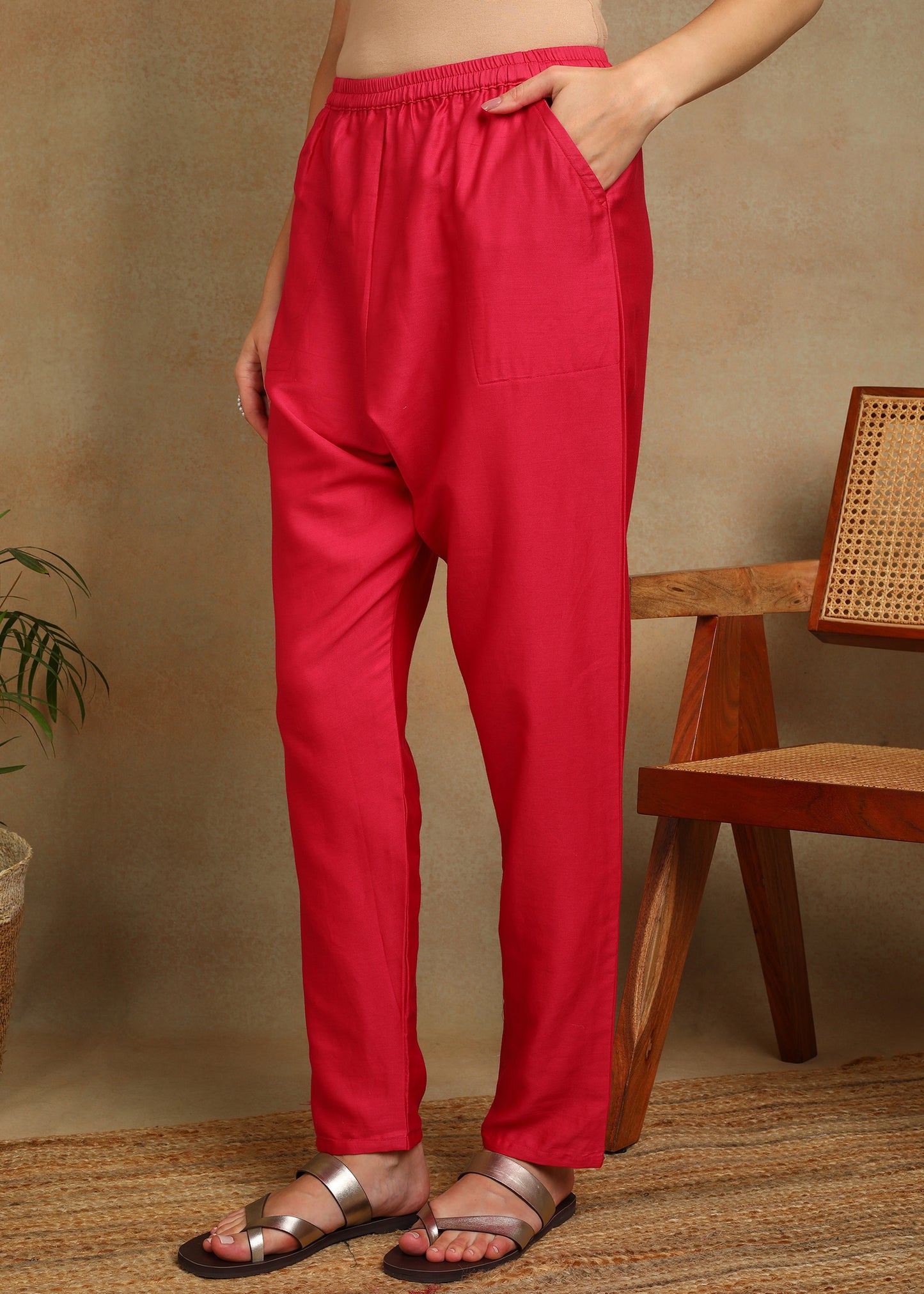 Women's Pink Ethnic Motif Printed Kurta with Kantha & Sequin Work, Paired with Trousers and Dupatta