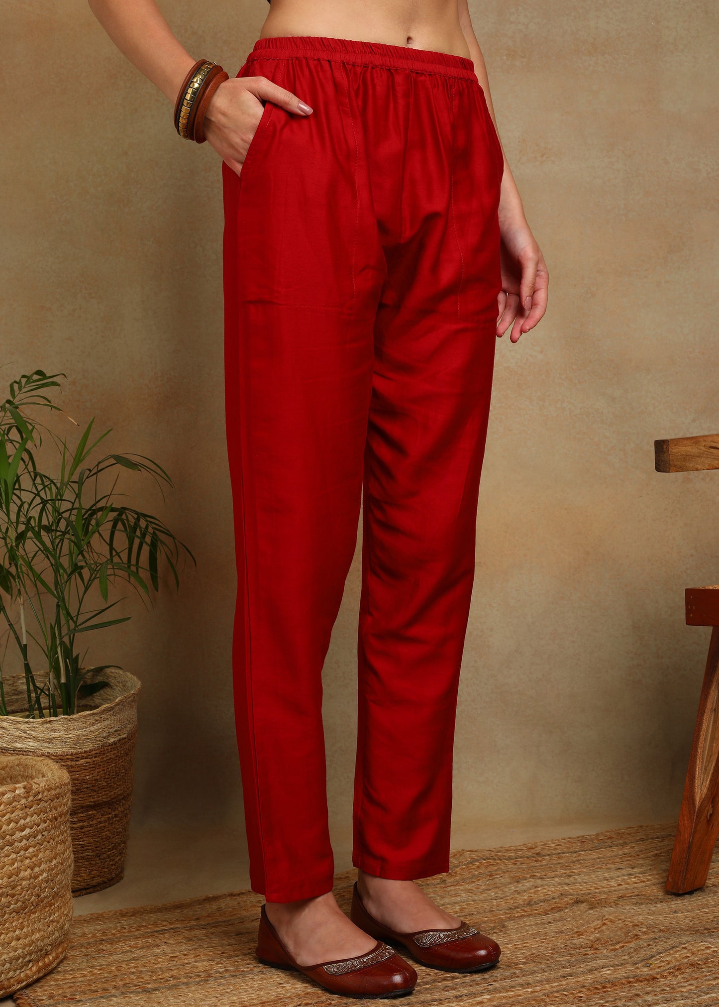 Women's Red Ethnic Motif Printed Kurta with Kantha & Sequin Work, Paired with Trousers and Dupatta