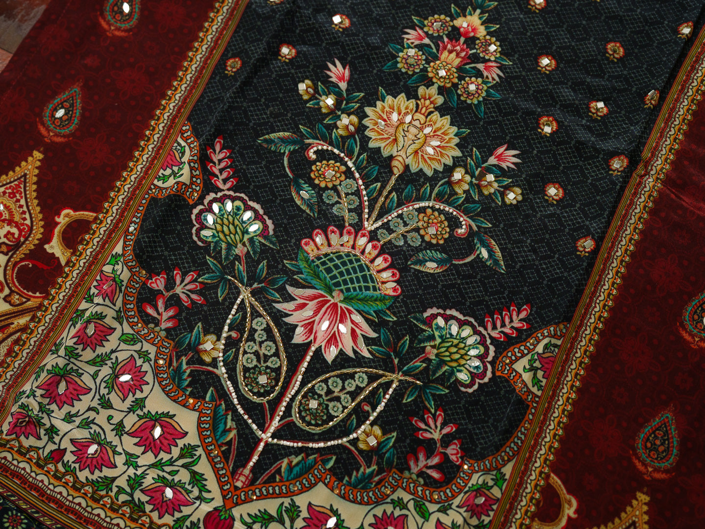 Maroon & Black Printed Kurta Set with Embroidered Yoke, Pants & Dupatta