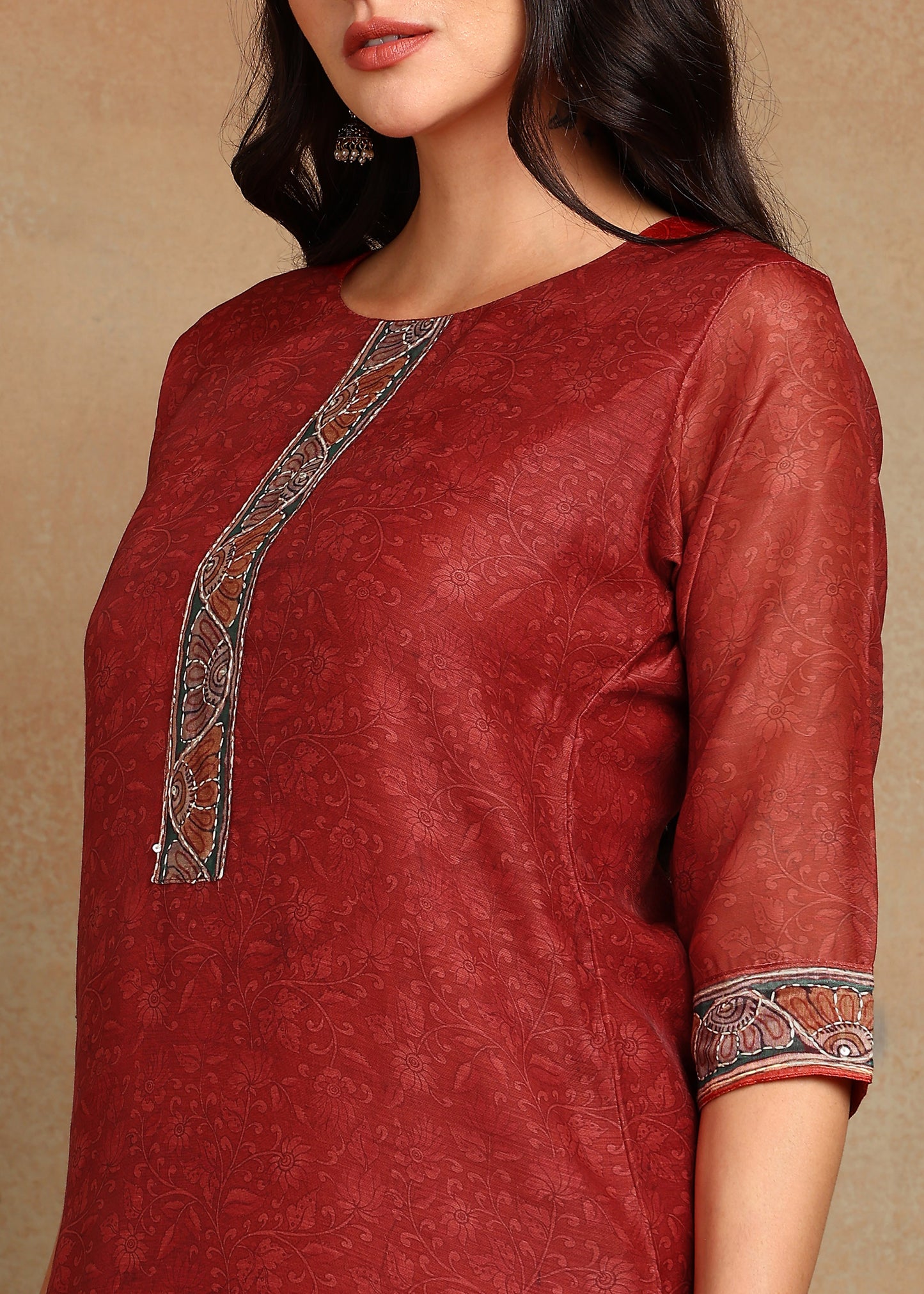 Women's Maroon  Ethnic Motif Printed Kurta with Kantha & Sequin Work, Paired with Trousers and Dupatta