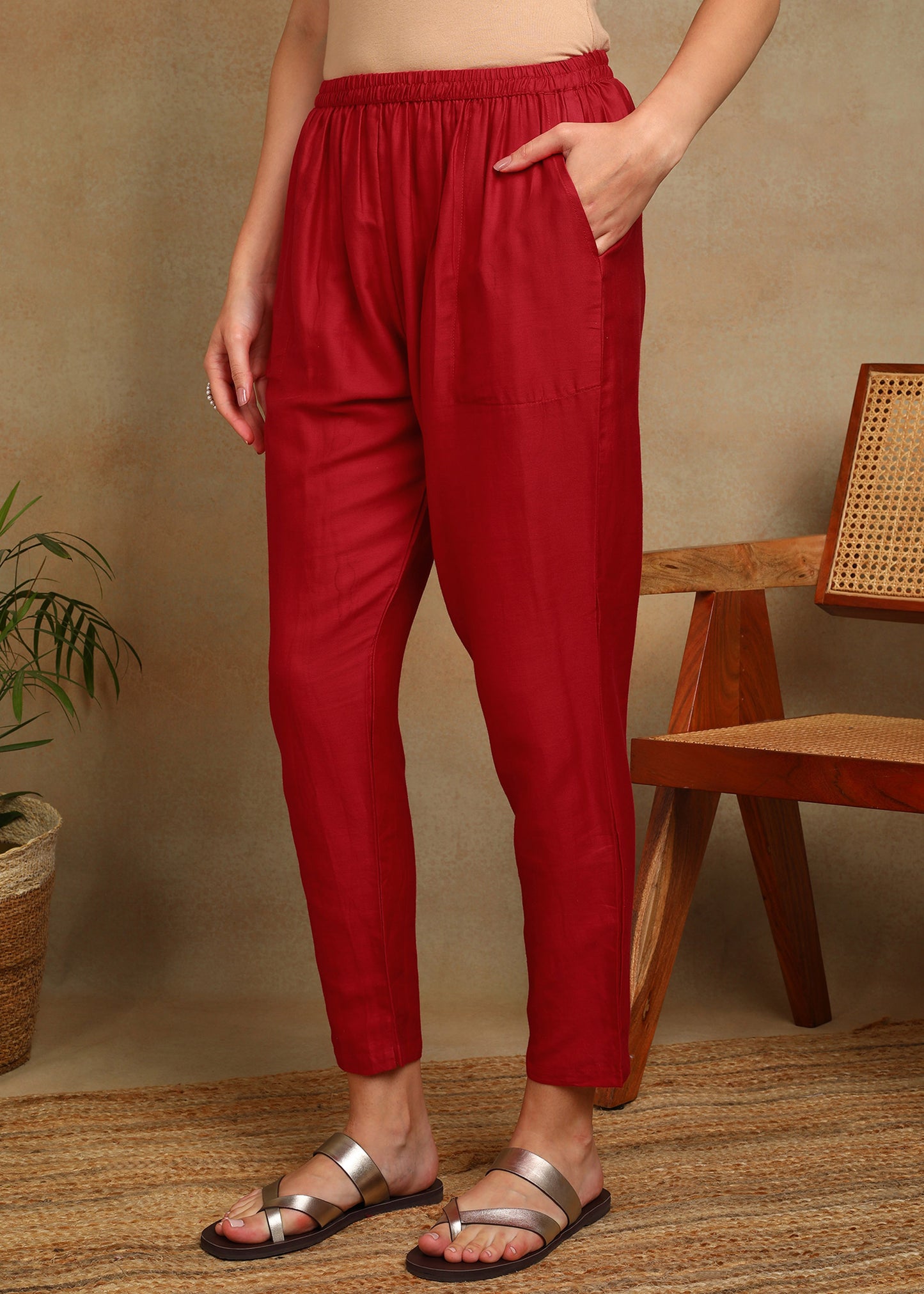 Women's Red Ethnic Motif Printed Kurta with Kantha & Sequin Work, Paired with Trousers and Dupatta