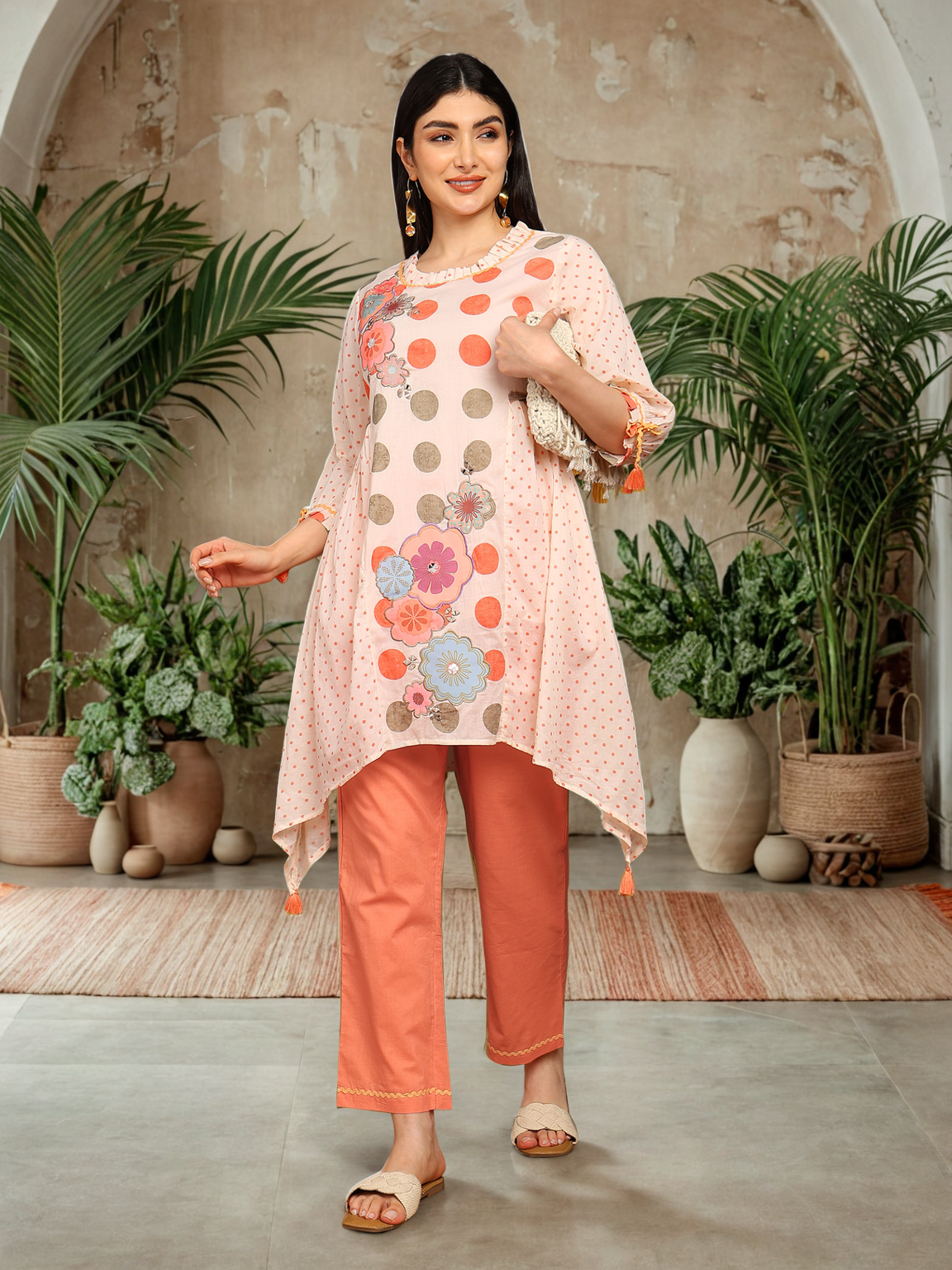 Cotton Printed A-Line C Cut Kurta with Balloon Tie-Up Sleeves & Straight Pants