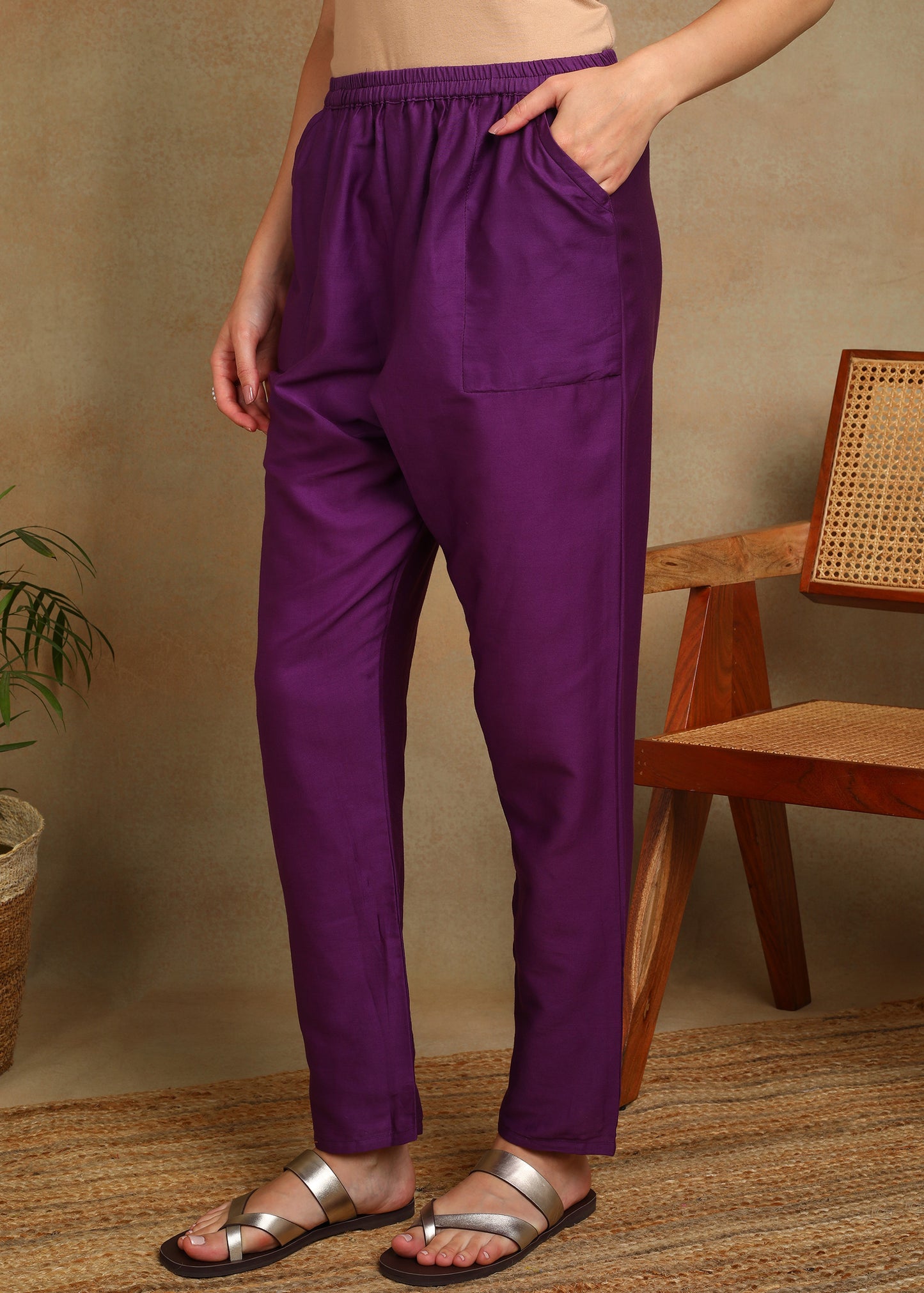 Women's Purple Ethnic Motif Printed Kurta with Kantha & Sequin Work, Paired with Trousers and Dupatta