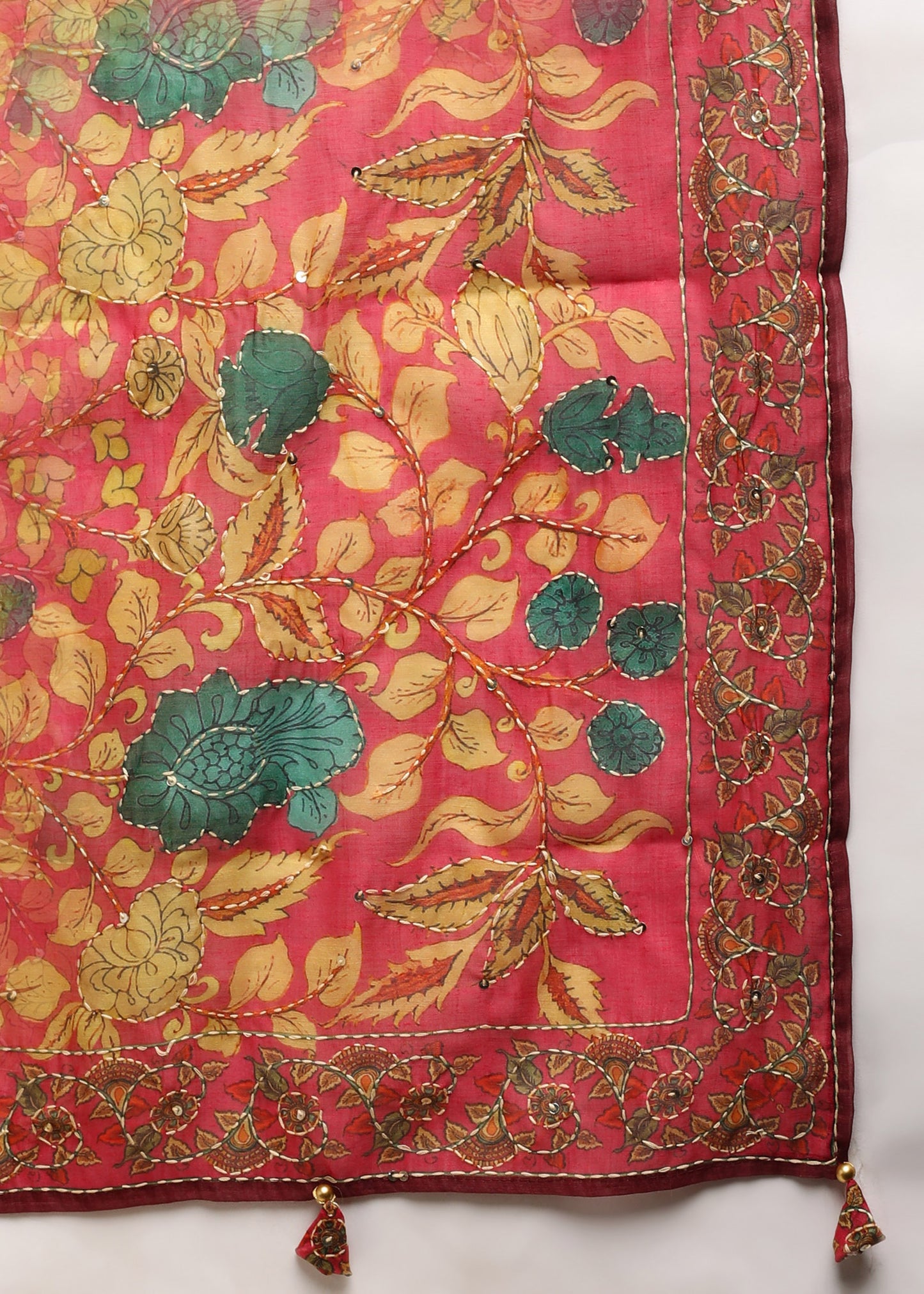 Women's Pink Ethnic Motif Printed Kurta with Kantha & Sequin Work, Paired with Trousers and Dupatta