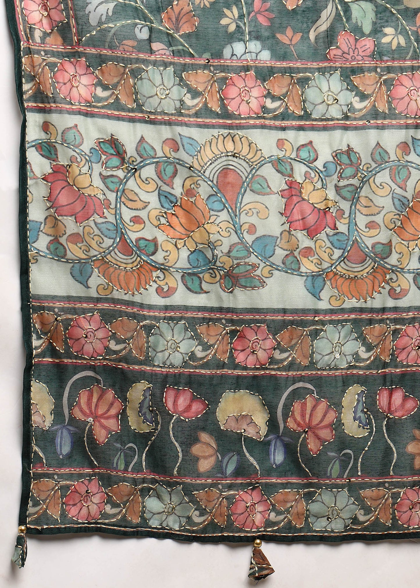 Women's Green Ethnic Motif Printed Kurta with Kantha & Sequin Work, Paired with Trousers and Dupatta