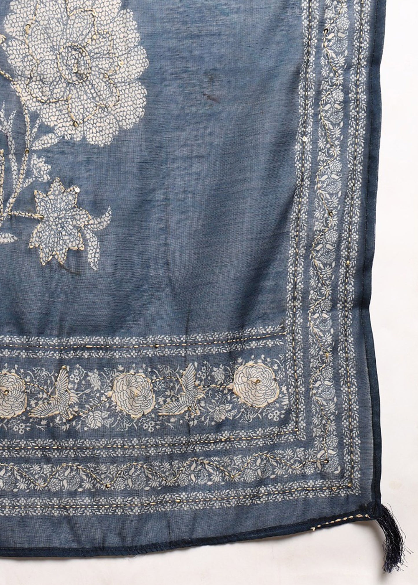 Women's Navy-Blue Ethnic Motif Printed Kurta with Kantha & Sequin Work, Paired with Trousers and Dupatta