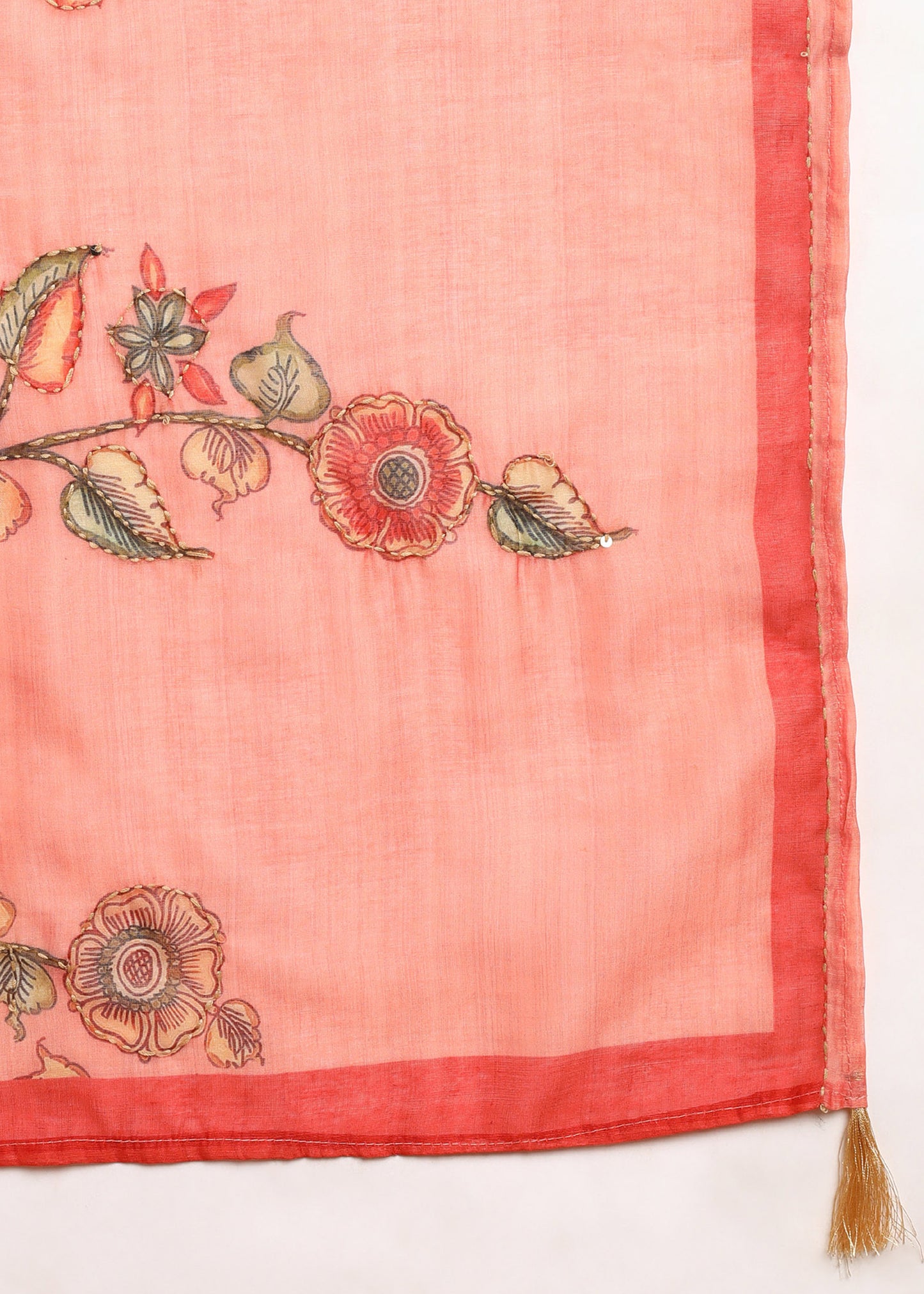 Women's Peach Ethnic Motif Printed Kurta with Kantha & Sequin Work, Paired with Trousers and Dupatta