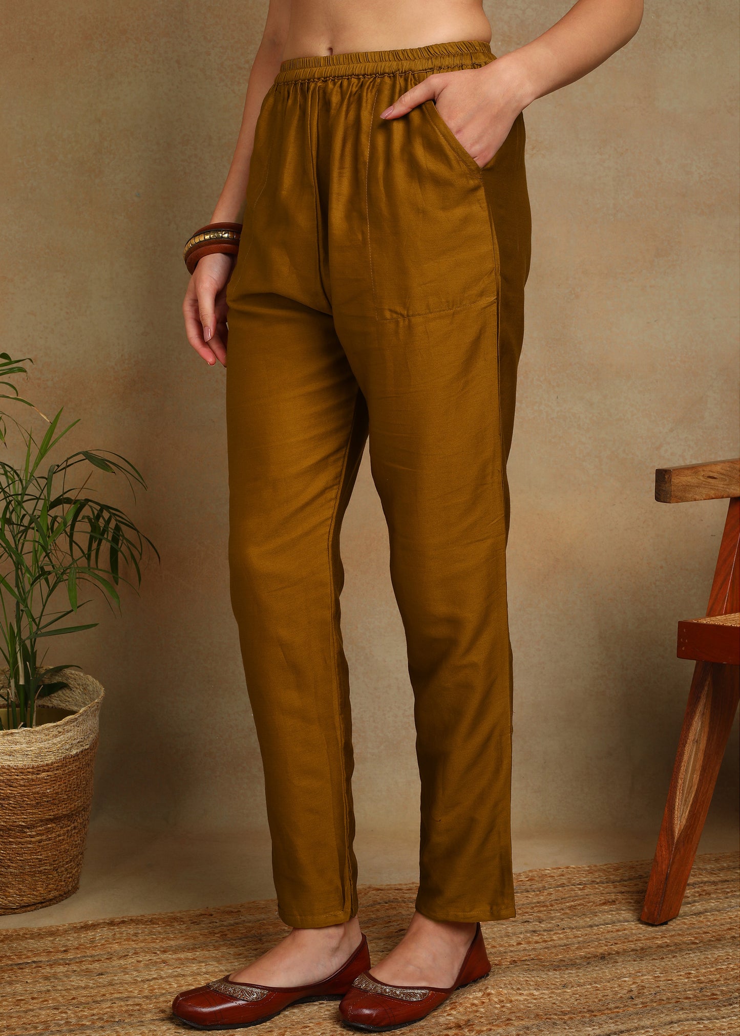 Women's Olive Green Ethnic Motif Printed Kurta with Kantha & Sequin Work, Paired with Trousers and Dupatta