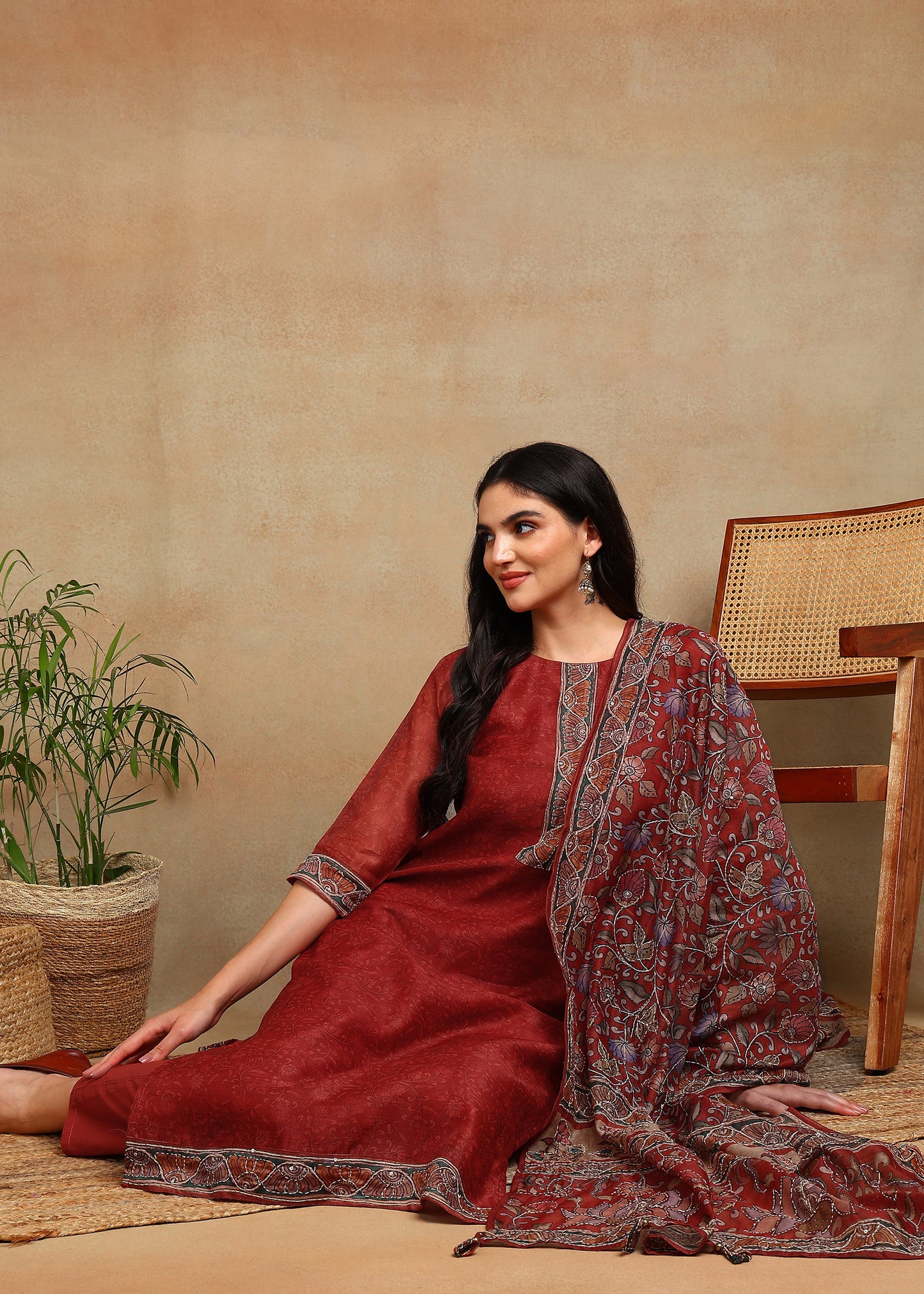Women's Maroon  Ethnic Motif Printed Kurta with Kantha & Sequin Work, Paired with Trousers and Dupatta