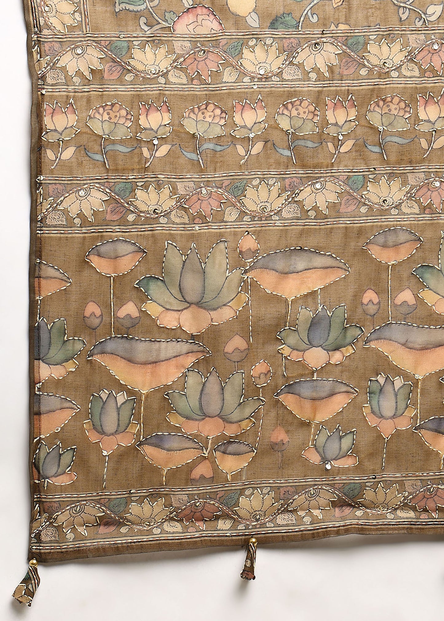 Women's Olive-Green Ethnic Motif Printed Kurta with Kantha & Sequin Work, Paired with Trousers and Dupatta