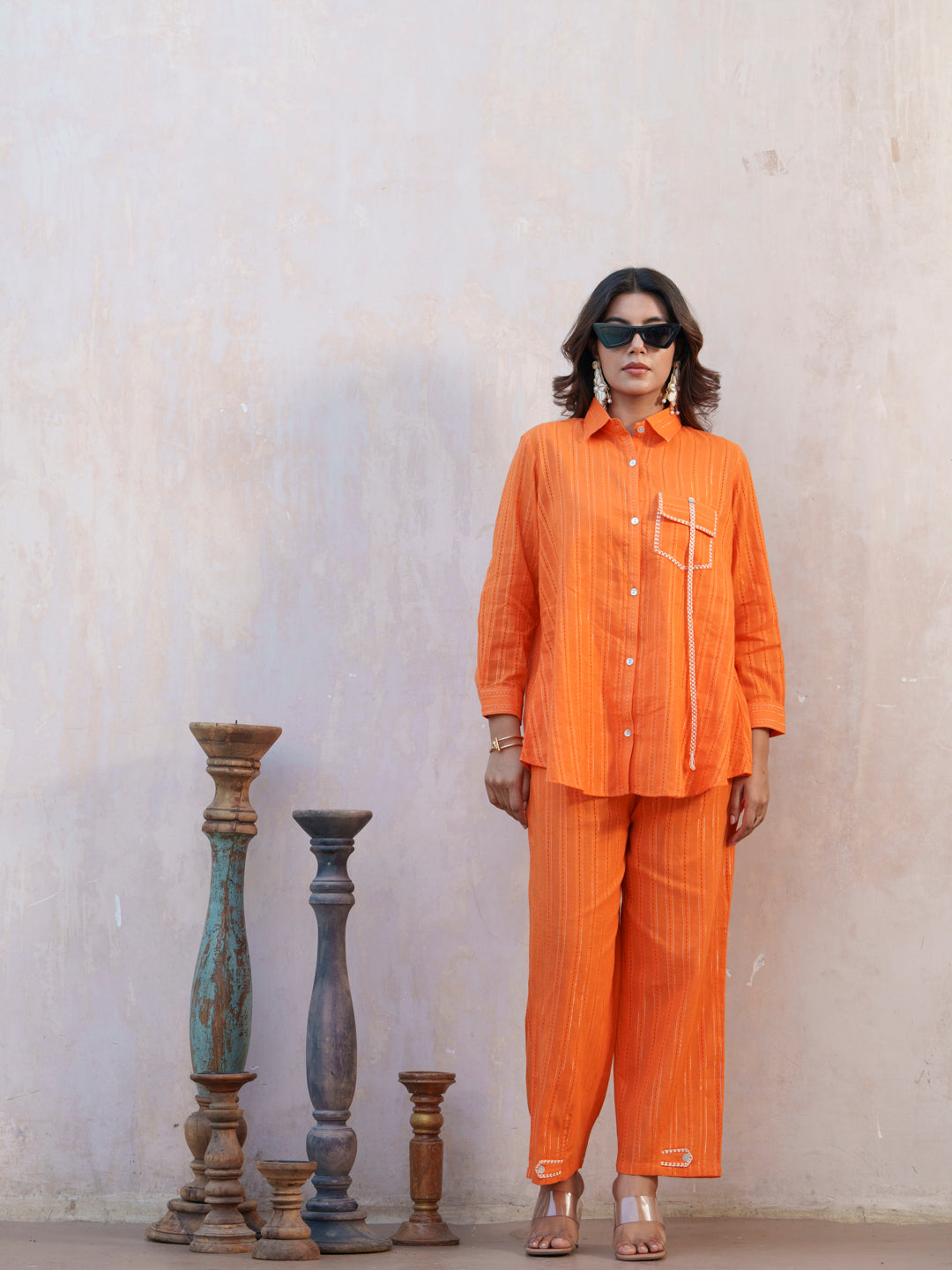 Orange Striped Shirt Collar Rolled-Up Sleeve Shirt And Trousers Co-ord Set