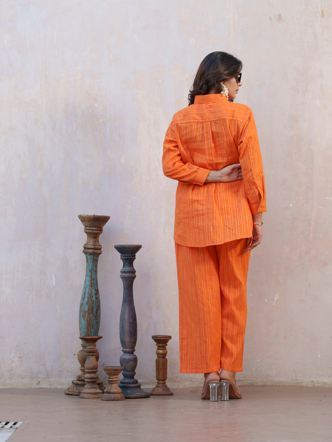Orange Striped Shirt Collar Rolled-Up Sleeve Shirt And Trousers Co-ord Set