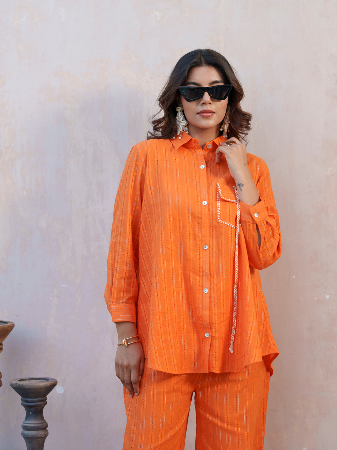 Orange Striped Shirt Collar Rolled-Up Sleeve Shirt And Trousers Co-ord Set