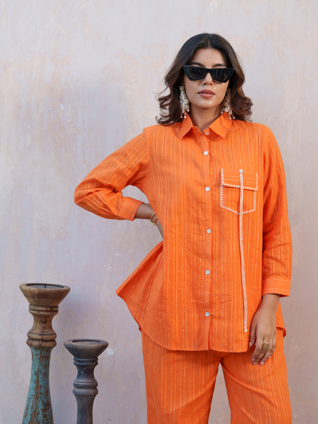 Orange Striped Shirt Collar Rolled-Up Sleeve Shirt And Trousers Co-ord Set