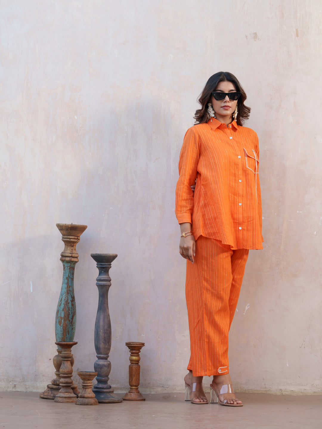 Orange Striped Shirt Collar Rolled-Up Sleeve Shirt And Trousers Co-ord Set