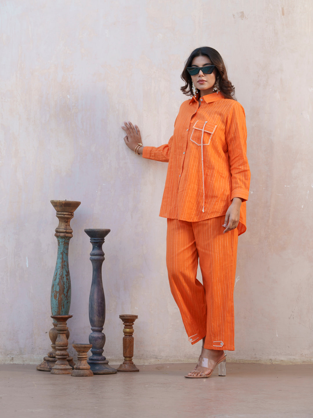 Orange Striped Shirt Collar Rolled-Up Sleeve Shirt And Trousers Co-ord Set