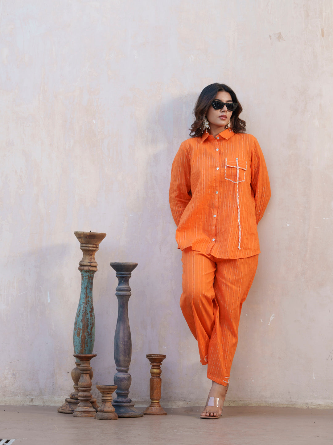 Orange Striped Shirt Collar Rolled-Up Sleeve Shirt And Trousers Co-ord Set