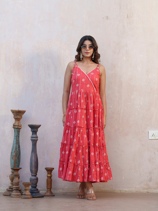 Printed Cotton A-Line Shoulder Straps V-Neck Ethnic Dress