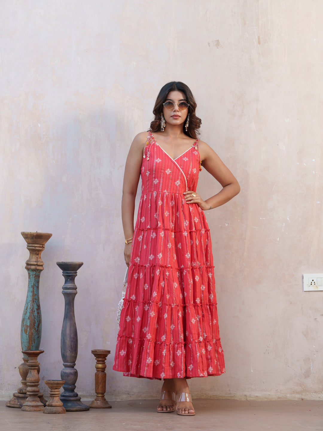 Printed Cotton A-Line Shoulder Straps V-Neck Ethnic Dress