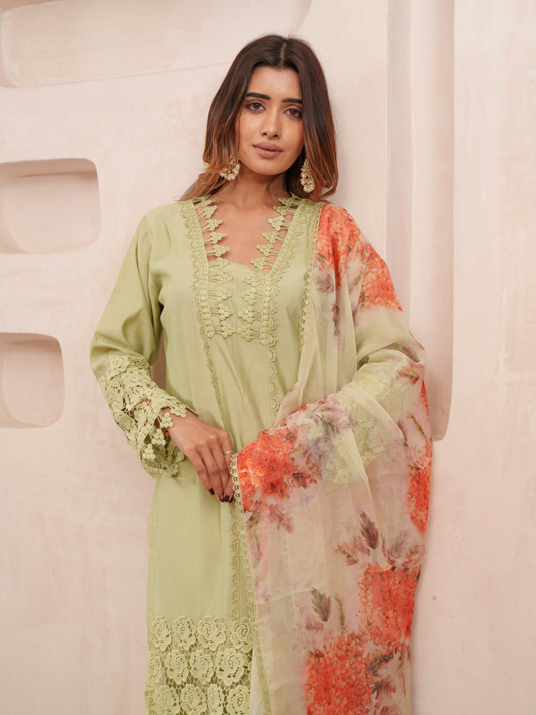 Rasion Silk Lace Work with Sequins Embellished Olive Kurta Pant & Dupatta