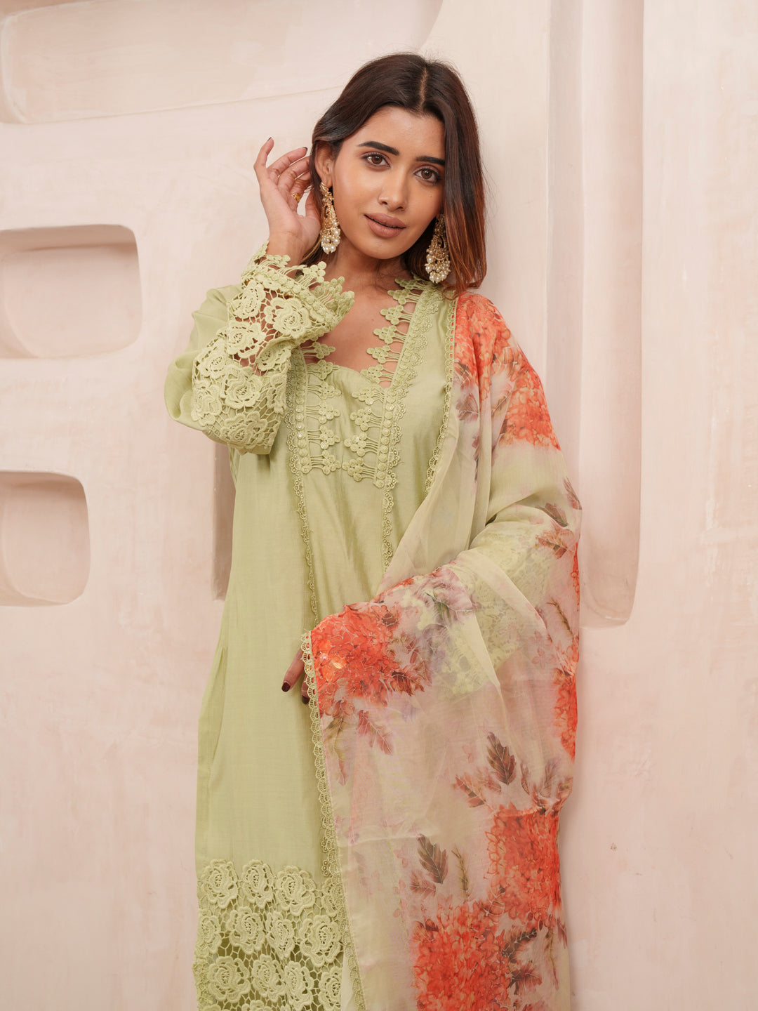 Rasion Silk Lace Work with Sequins Embellished Olive Kurta Pant & Dupatta