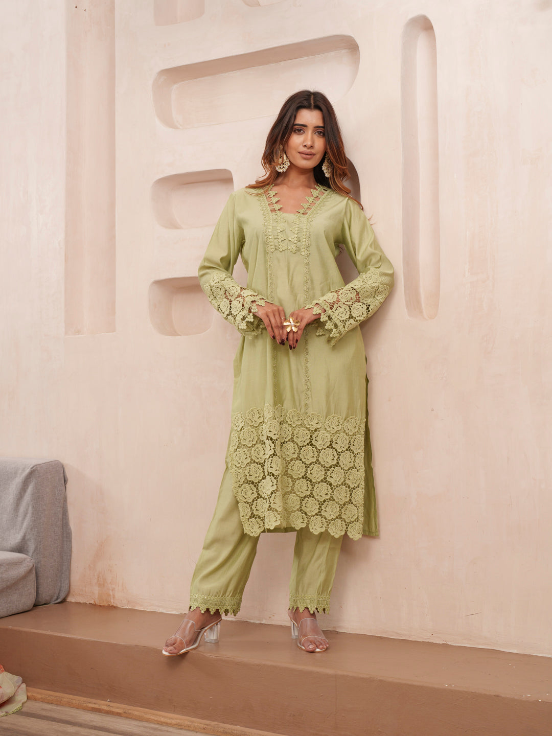 Rasion Silk Lace Work with Sequins Embellished Olive Kurta Pant & Dupatta