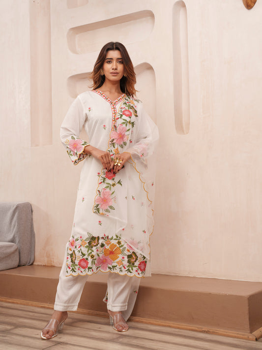 White Floral Embroidered Poly Chanderi V-Neck Kurta With Trousers And Dupatta