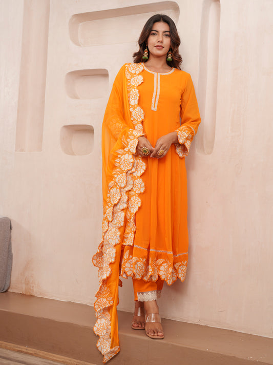 Floral Embroidered Panelled Anarkali Kurta With Trouser & Dupatta