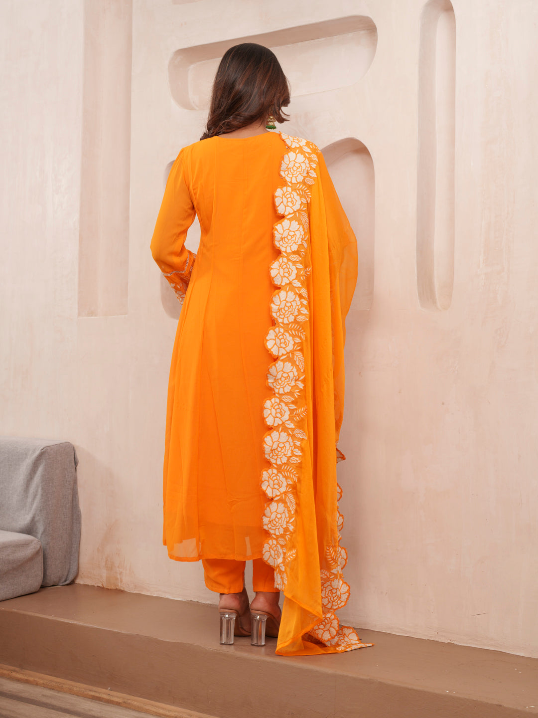 Floral Embroidered Panelled Anarkali Kurta With Trouser & Dupatta