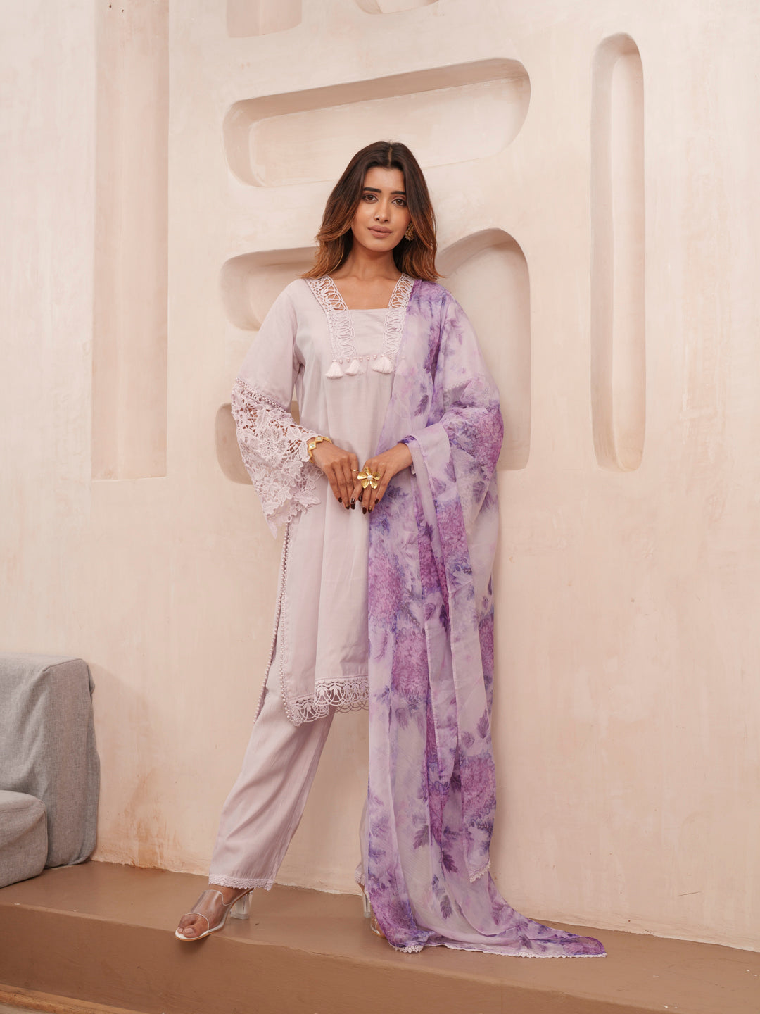 Women  Lavender Zari And Sequins Lace Embellished Kurta With Bottom And Dupata