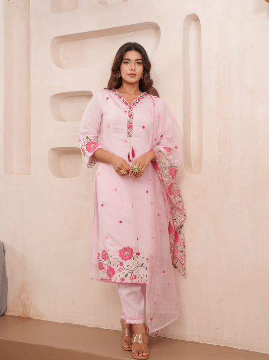 Pink Floral Embroidered Thread Work Straight Kurta With Trousers And Dupatta