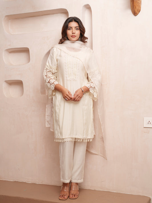 Rasion Silk  Lace Work with Bead Embellished Cream Kurta Pant & Dupatta
