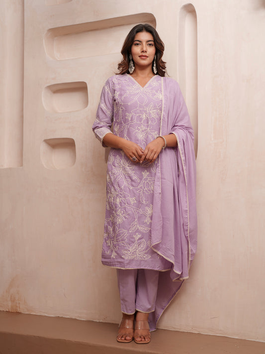 Cotton Floral Embroidered with Lace Detailed Lavendar Kurta Pant & Dupatta