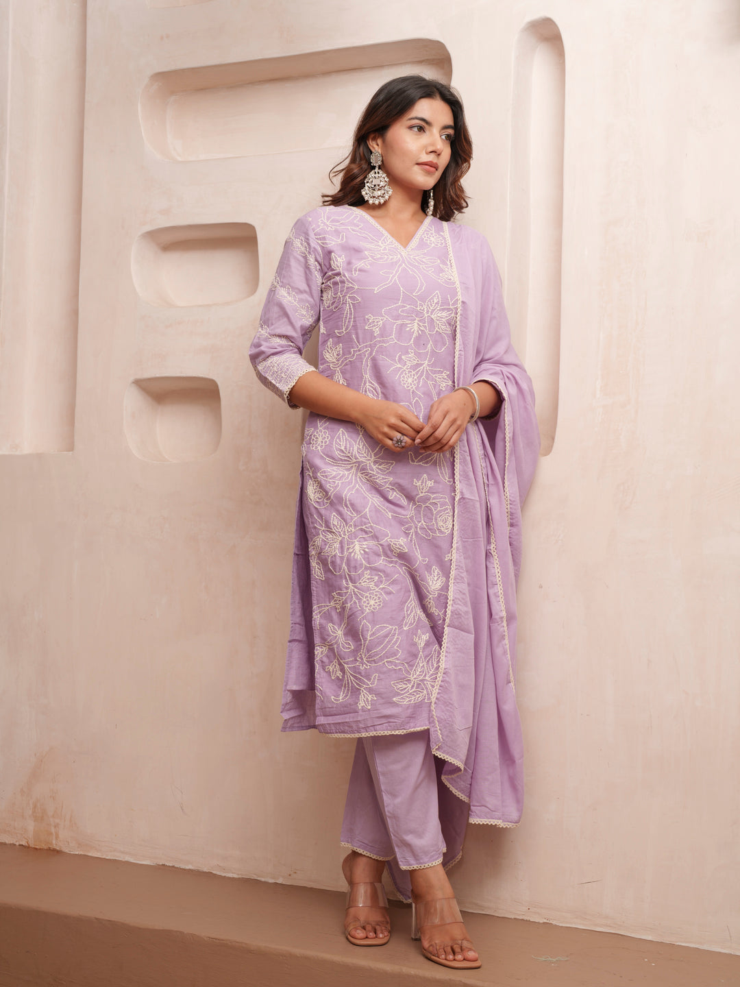 Cotton Floral Embroidered with Lace Detailed Lavendar Kurta Pant & Dupatta