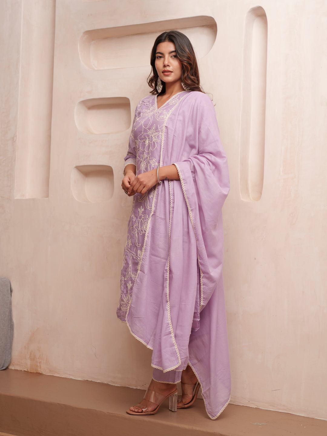 Cotton Floral Embroidered with Lace Detailed Lavendar Kurta Pant & Dupatta