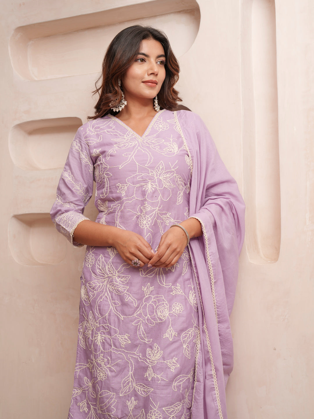 Cotton Floral Embroidered with Lace Detailed Lavendar Kurta Pant & Dupatta