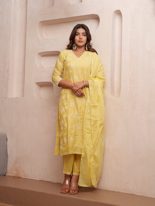 Cotton Floral Embroidered with Lace Detailed Yellow Kurta Pant & Dupatta