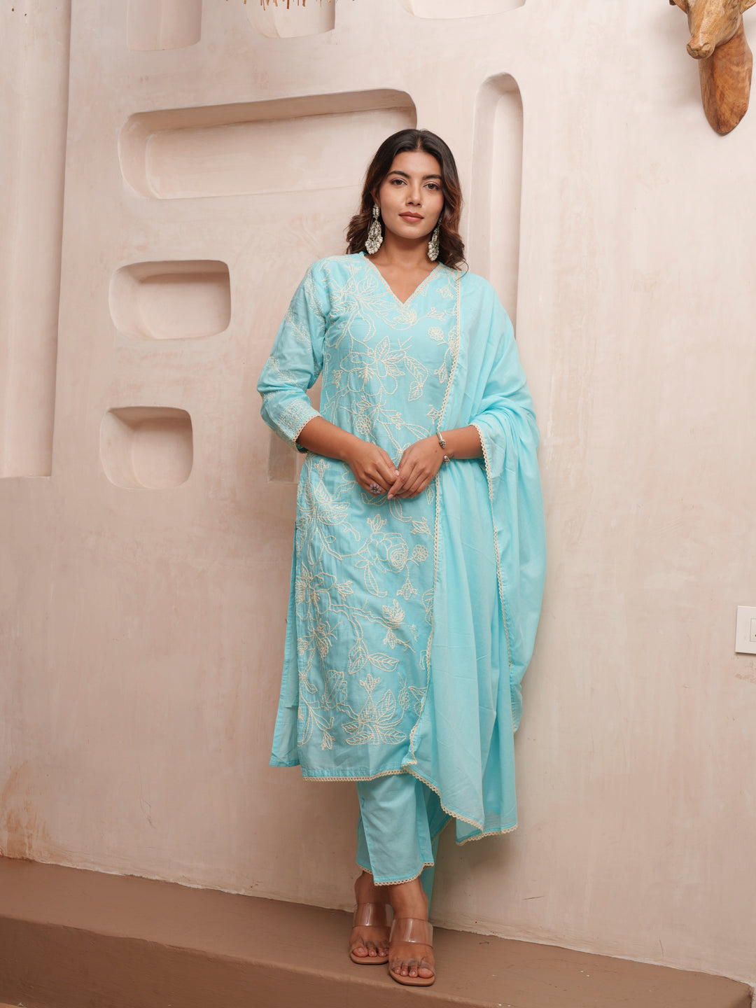 Cotton Floral Embroidered with Lace Detailed Blue Kurta Pant & Dupatta