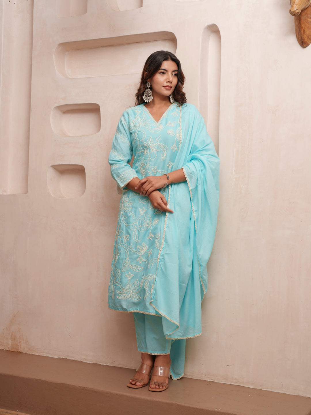 Cotton Floral Embroidered with Lace Detailed Blue Kurta Pant & Dupatta