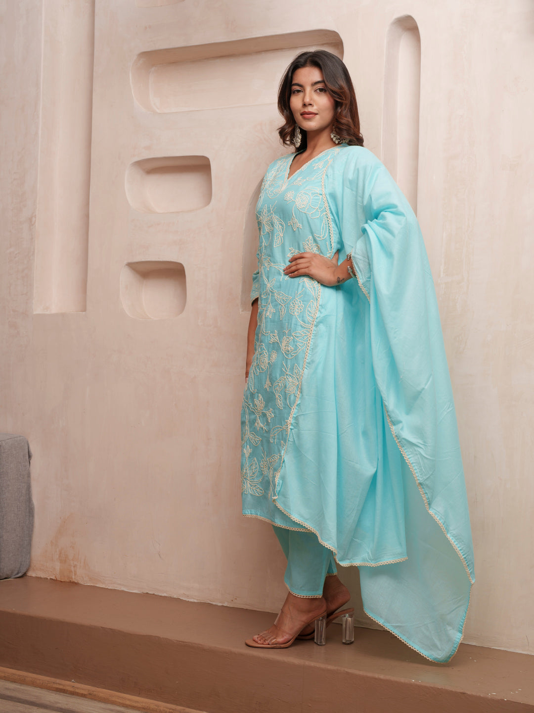 Cotton Floral Embroidered with Lace Detailed Blue Kurta Pant & Dupatta