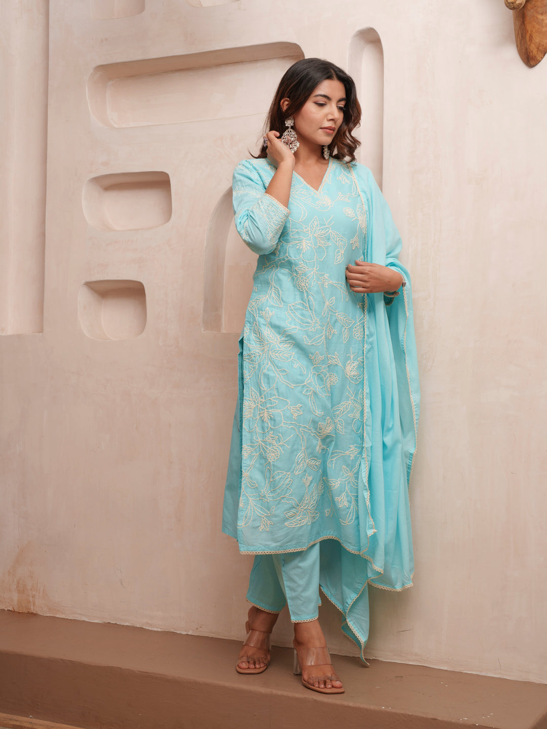 Cotton Floral Embroidered with Lace Detailed Blue Kurta Pant & Dupatta