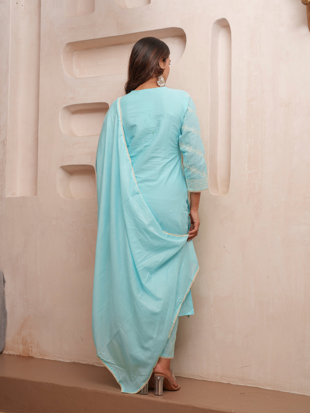Cotton Floral Embroidered with Lace Detailed Blue Kurta Pant & Dupatta