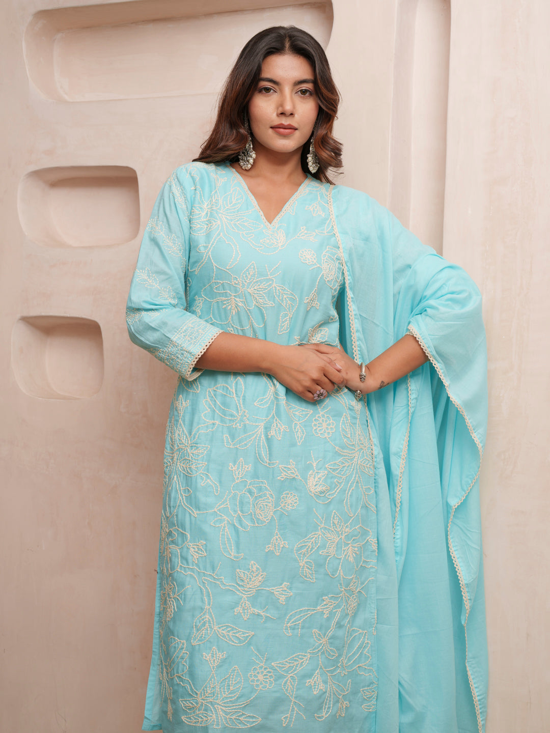 Cotton Floral Embroidered with Lace Detailed Blue Kurta Pant & Dupatta